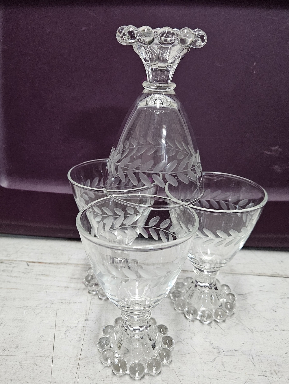 MCM Anchor Hocking Berwick "Boopie" Leaf Etched Cordial Cocktail Glass Set of 4